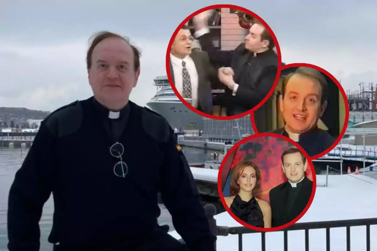 Un hombre vestido de sacerdote posa frente a un puerto nevado y tres recuadros muestran diferentes momentos de su vida, incluyendo una escena en la que parece estar en un programa de televisión, una foto con una mujer y un retrato sonriente.