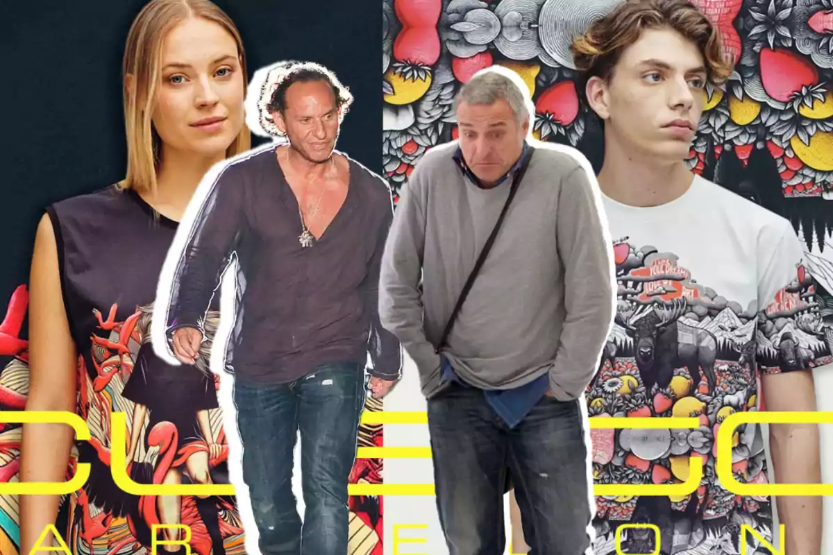 Cuatro personas posan frente a un fondo colorido con ilustraciones llamativas y detalles en amarillo, algunas de ellas visten ropa con estampados artísticos