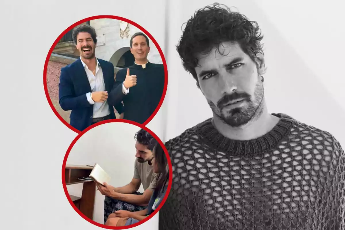 Hombre de cabello rizado y barba con suéter tejido en blanco y negro al lado de dos fotos circulares donde aparece sonriendo con otra persona y leyendo un libro junto a una niña
