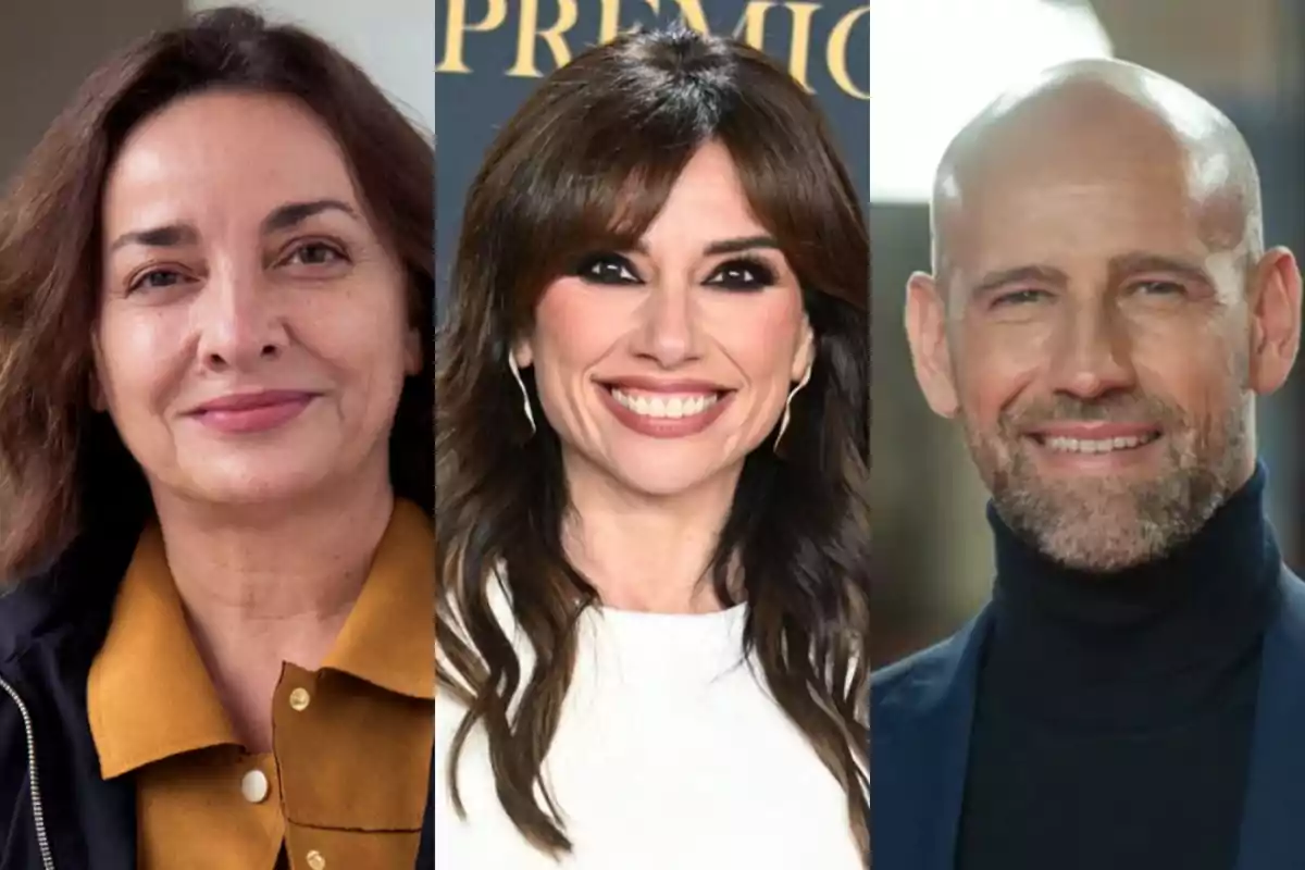 Tres personas posan sonrientes en un collage de retratos, una mujer de cabello castaño a la izquierda, una mujer de cabello largo y oscuro en el centro y un hombre calvo con barba a la derecha Tres personas posan sonrientes en un collage de retratos, una mujer de cabello castaño a la izquierda, una mujer de cabello largo y oscuro en el centro y un hombre calvo con barba a la derecha