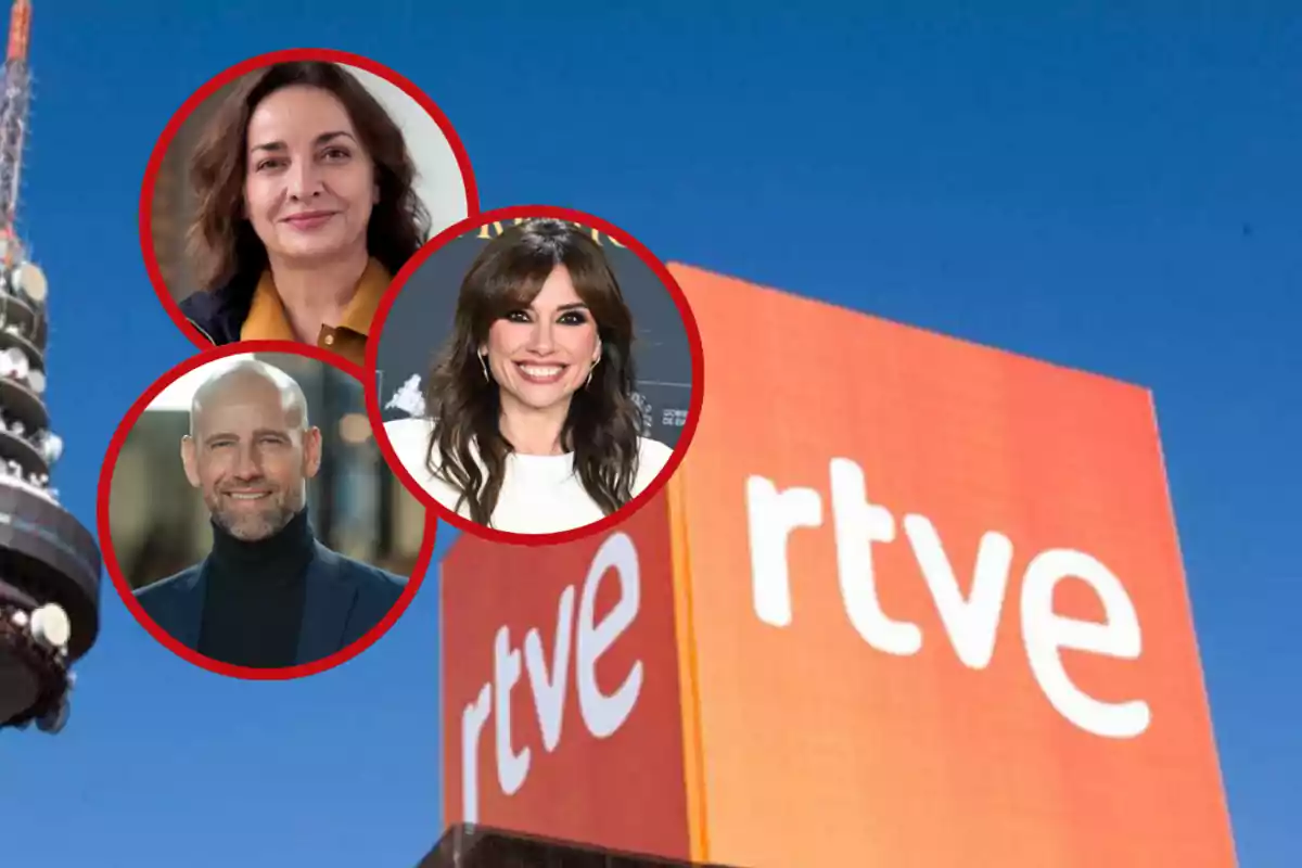 Edificio de RTVE con el logo visible y tres personas enmarcadas en círculos rojos sobre un fondo azul
