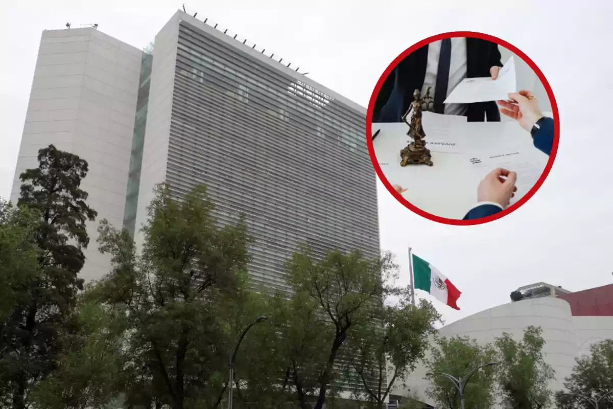 Edificio del Senado de la República Mexicana con árboles y bandera de México al frente y un recuadro que muestra a personas firmando documentos legales junto a una figura de la justicia
