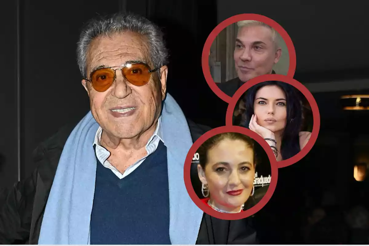 Hombre mayor con gafas y bufanda azul al frente, tres personas en círculos rojos al fondo