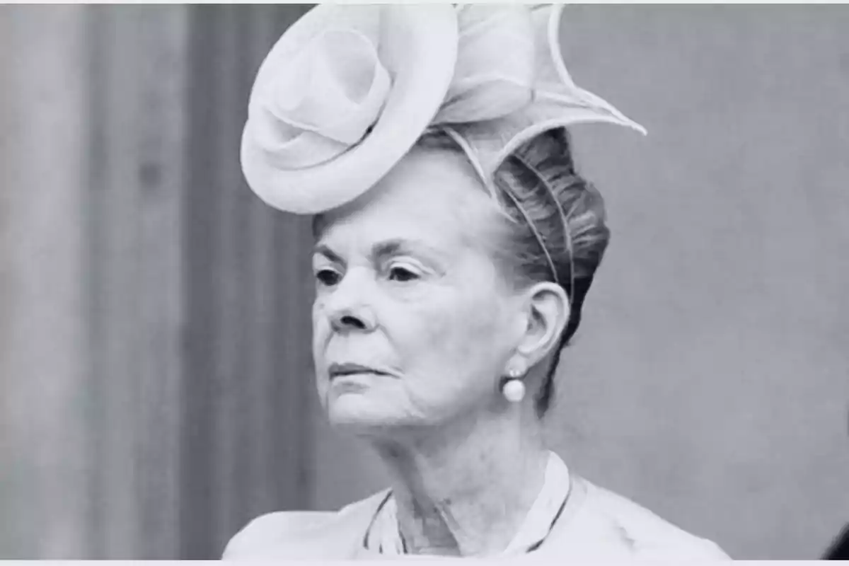 Mujer mayor con expresión seria usando un sombrero elegante y aretes de perla en una imagen en blanco y negro