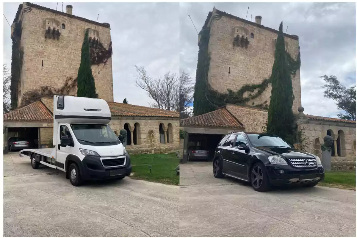 Dos autos estacionados frente a una casa de piedra antigua con una torre y vegetación en las paredes Dos autos estacionados frente a una casa de piedra antigua con una torre y vegetación en las paredes