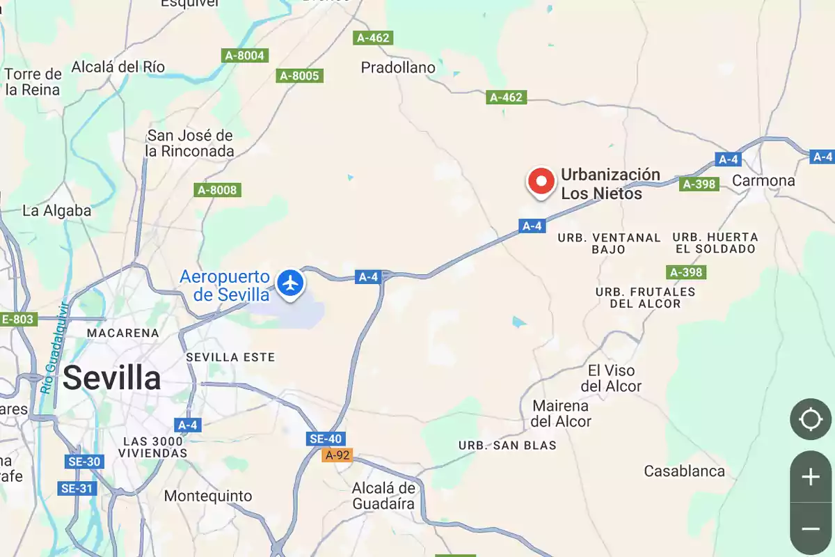 Mapa de la zona este de Sevilla donde se muestra la ubicación de la Urbanización Los Nietos cerca de la autopista A-4 y el aeropuerto de Sevilla Mapa de la zona este de Sevilla donde se muestra la ubicación de la Urbanización Los Nietos cerca de la autopista A-4 y el aeropuerto de Sevilla