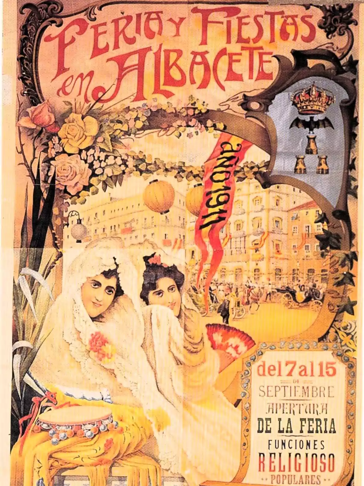 Cartel antiguo de la Feria y Fiestas en Albacete con dos mujeres vestidas con mantones y flores, rodeadas de decoración floral y farolillos, con un fondo de una plaza llena de gente y un escudo en la esquina superior derecha Cartel antiguo de la Feria y Fiestas en Albacete con dos mujeres vestidas con mantones y flores, rodeadas de decoración floral y farolillos, con un fondo de una plaza llena de gente y un escudo en la esquina superior derecha