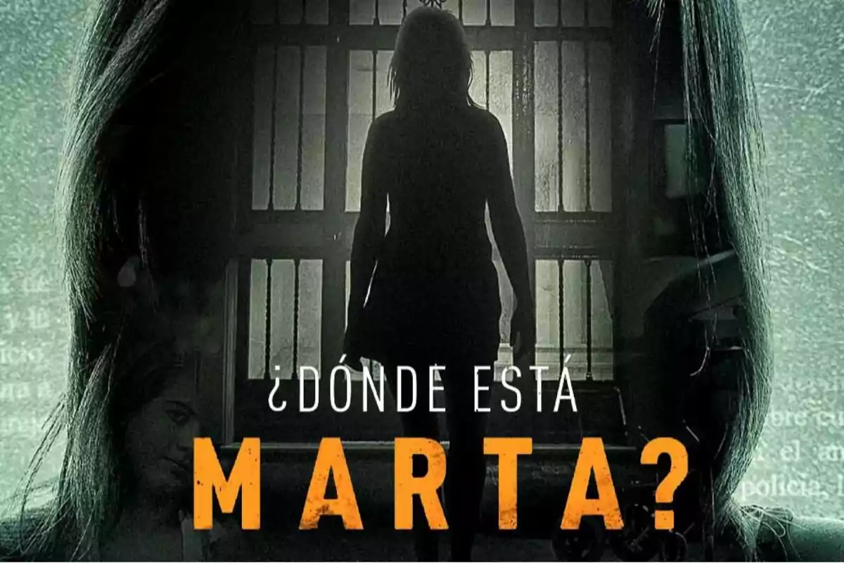 Cartel de la serie ¿Dónde está Marta? con la silueta de una joven de espaldas frente a una ventana y el título en letras grandes amarillas Cartel de la serie ¿Dónde está Marta? con la silueta de una joven de espaldas frente a una ventana y el título en letras grandes amarillas