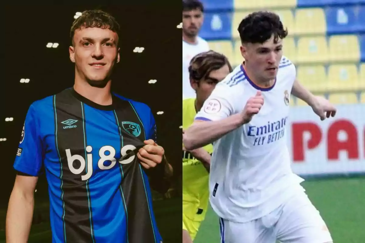 Dos jóvenes futbolistas aparecen en la imagen, uno lleva el uniforme azul y negro del Bournemouth y el otro viste el uniforme blanco del Real Madrid durante un partido