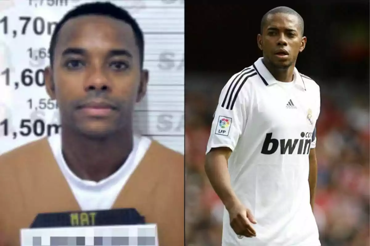 Hombre con uniforme de prisión en una foto de ficha policial a la izquierda y el mismo hombre vistiendo un uniforme de fútbol blanco en un campo a la derecha