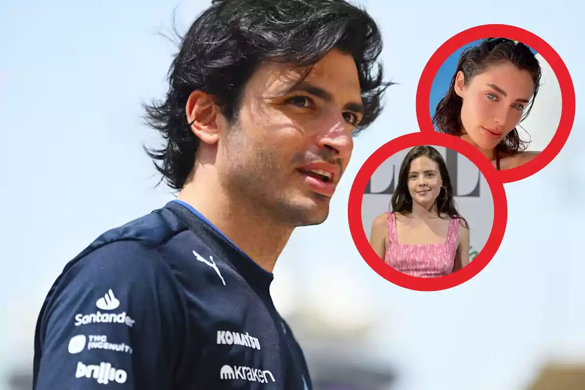 Hombre con camiseta azul marino y dos retratos de mujeres enmarcados en círculos rojos sobre un fondo claro