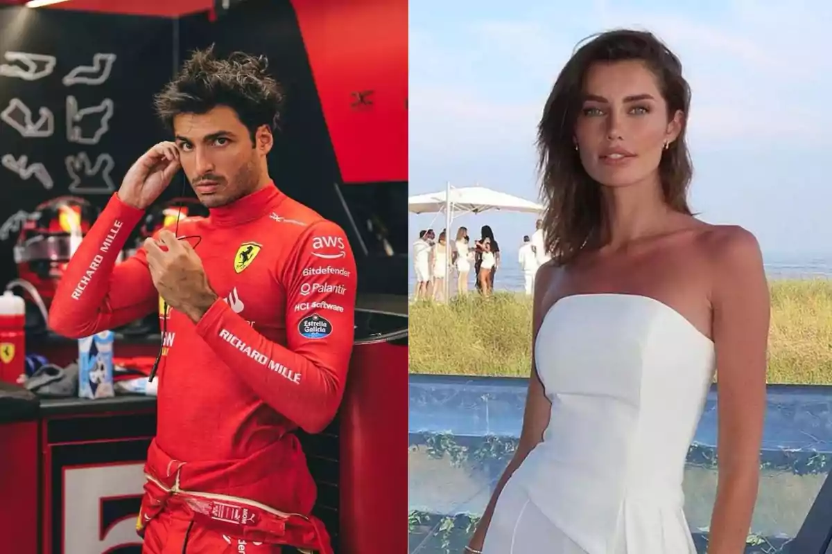 Un piloto de Fórmula 1 con uniforme rojo de Ferrari está en un garaje y una mujer con vestido blanco posa al aire libre frente a un grupo de personas en el fondo Un piloto de Fórmula 1 con uniforme rojo de Ferrari está en un garaje y una mujer con vestido blanco posa al aire libre frente a un grupo de personas en el fondo