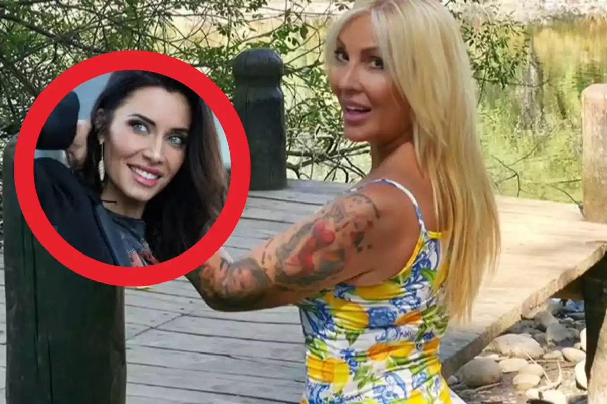 Mujer rubia con vestido de colores posando en un muelle de madera con un círculo rojo que muestra el rostro de otra mujer de cabello oscuro