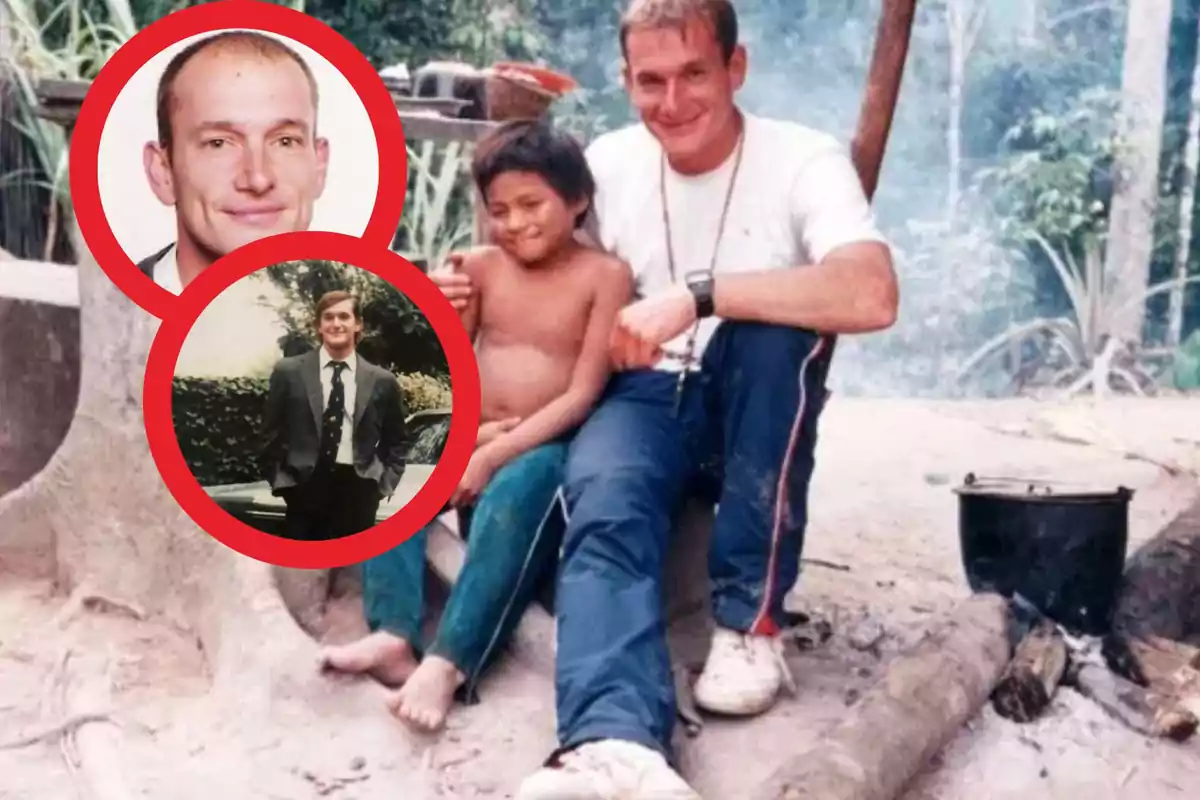 Hombre sonriente sentado junto a un niño en un entorno selvático con dos recuadros rojos mostrando retratos del mismo hombre en diferentes momentos de su vida