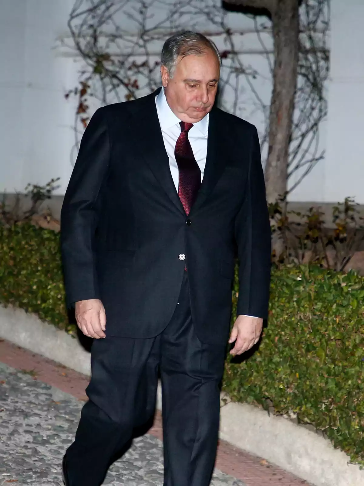 Hombre de cabello canoso con traje oscuro y corbata roja caminando por una acera junto a un seto verde Hombre de cabello canoso con traje oscuro y corbata roja caminando por una acera junto a un seto verde