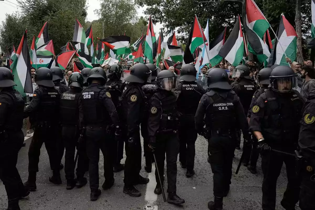Policías antidisturbios forman una barrera frente a manifestantes que portan banderas palestinas en una protesta al aire libre