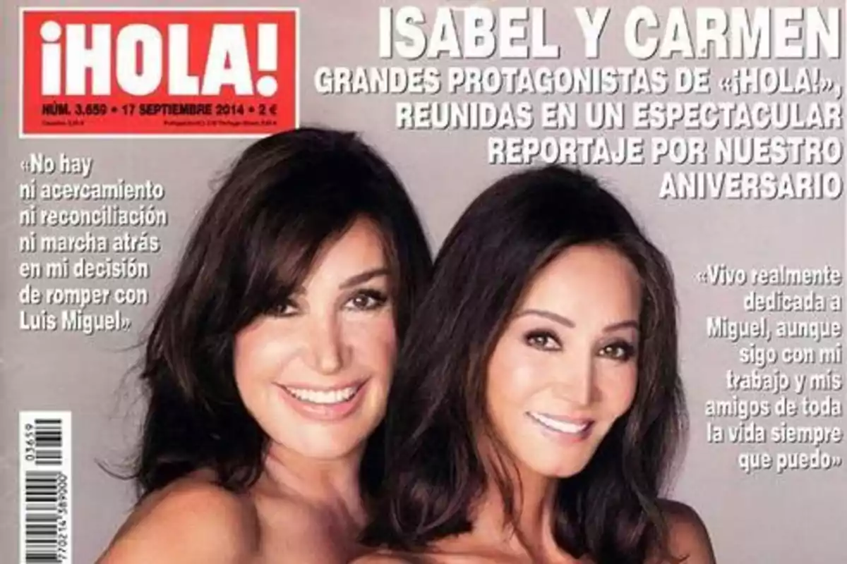 Portada de la revista ¡HOLA! con dos mujeres sonrientes de cabello oscuro posando juntas y titulares en letras blancas sobre ellas Portada de la revista ¡HOLA! con dos mujeres sonrientes de cabello oscuro posando juntas y titulares en letras blancas sobre ellas