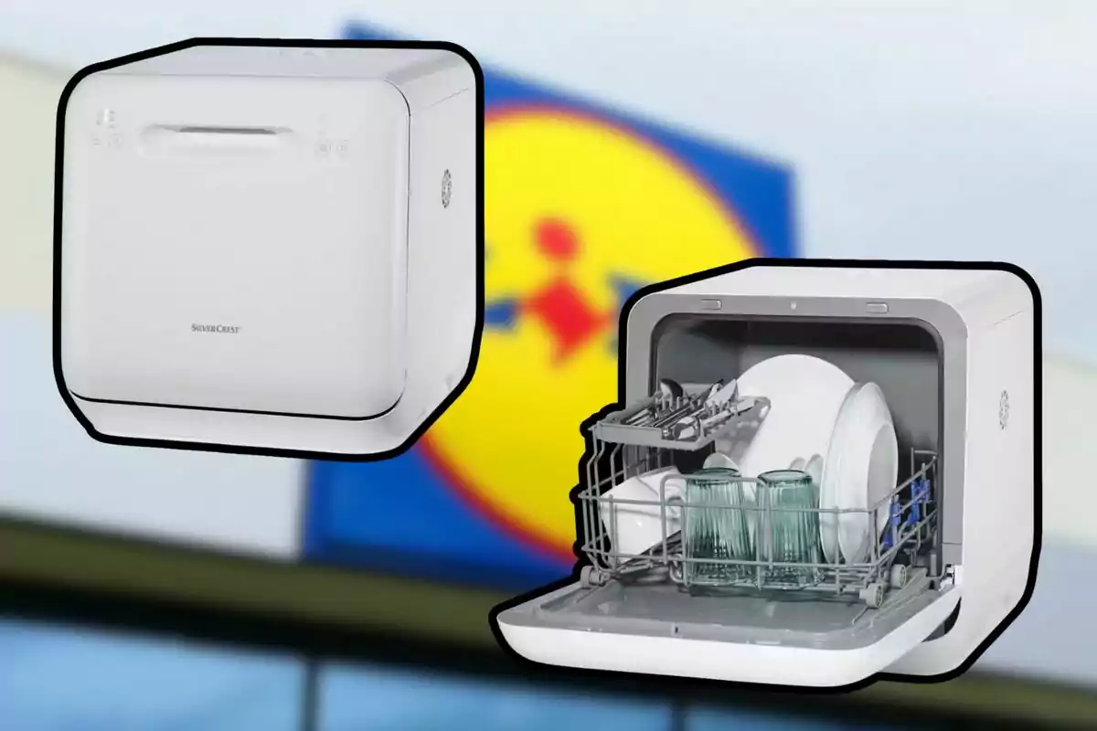 Dos imágenes de un lavavajillas compacto de la marca SilverCrest, una con la puerta cerrada y otra con la puerta abierta mostrando platos y vasos en su interior, con el logo de Lidl desenfocado al fondo. Dos imágenes de un lavavajillas compacto de la marca SilverCrest, una con la puerta cerrada y otra con la puerta abierta mostrando platos y vasos en su interior, con el logo de Lidl desenfocado al fondo.
