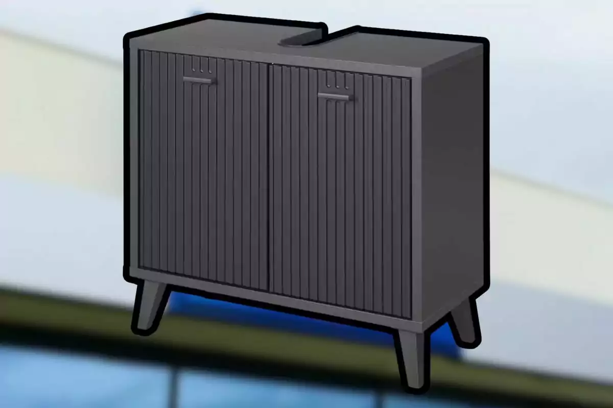 Mueble bajo de color negro con dos puertas y patas cortas, diseñado para colocar debajo de un lavabo. Mueble bajo de color negro con dos puertas y patas cortas, diseñado para colocar debajo de un lavabo.