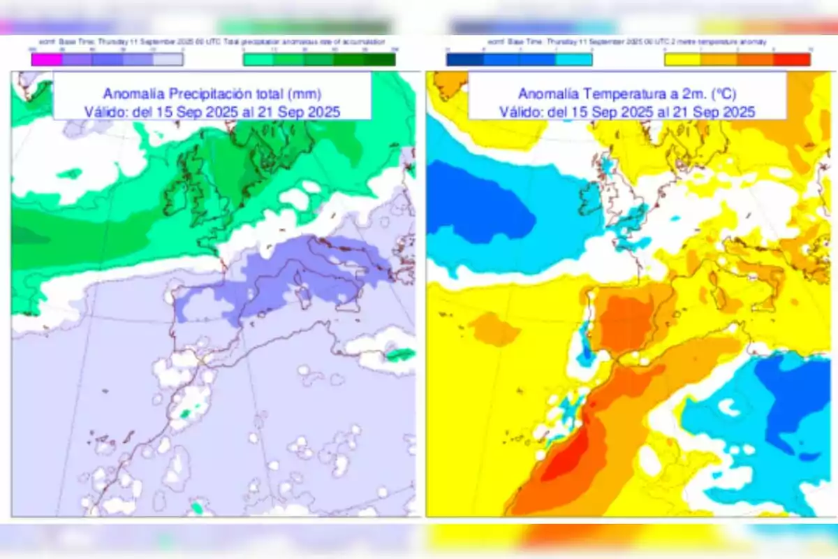 Mapa comparativo de Europa y el norte de África que muestra anomalías de precipitación y temperatura previstas para septiembre de 2025. Mapa comparativo de Europa y el norte de África que muestra anomalías de precipitación y temperatura previstas para septiembre de 2025.