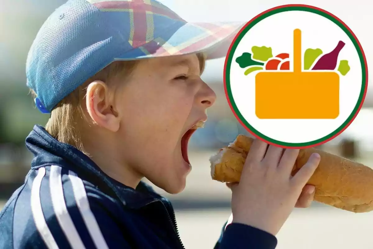 Niño con gorra azul comiendo un bocadillo mientras en la esquina aparece un icono de canasta con alimentos Niño con gorra azul comiendo un bocadillo mientras en la esquina aparece un icono de canasta con alimentos