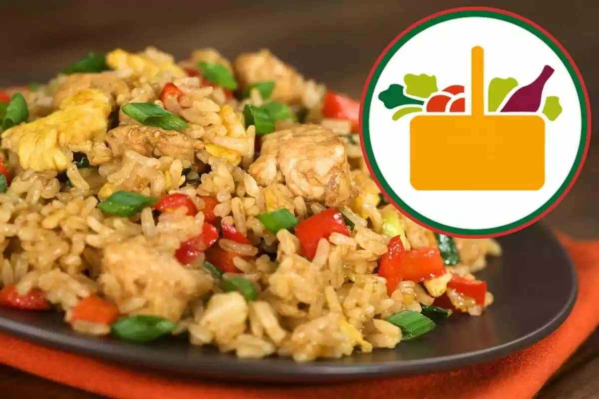 Plato de arroz frito con verduras y pollo acompañado de un gráfico de canasta de alimentos Plato de arroz frito con verduras y pollo acompañado de un gráfico de canasta de alimentos