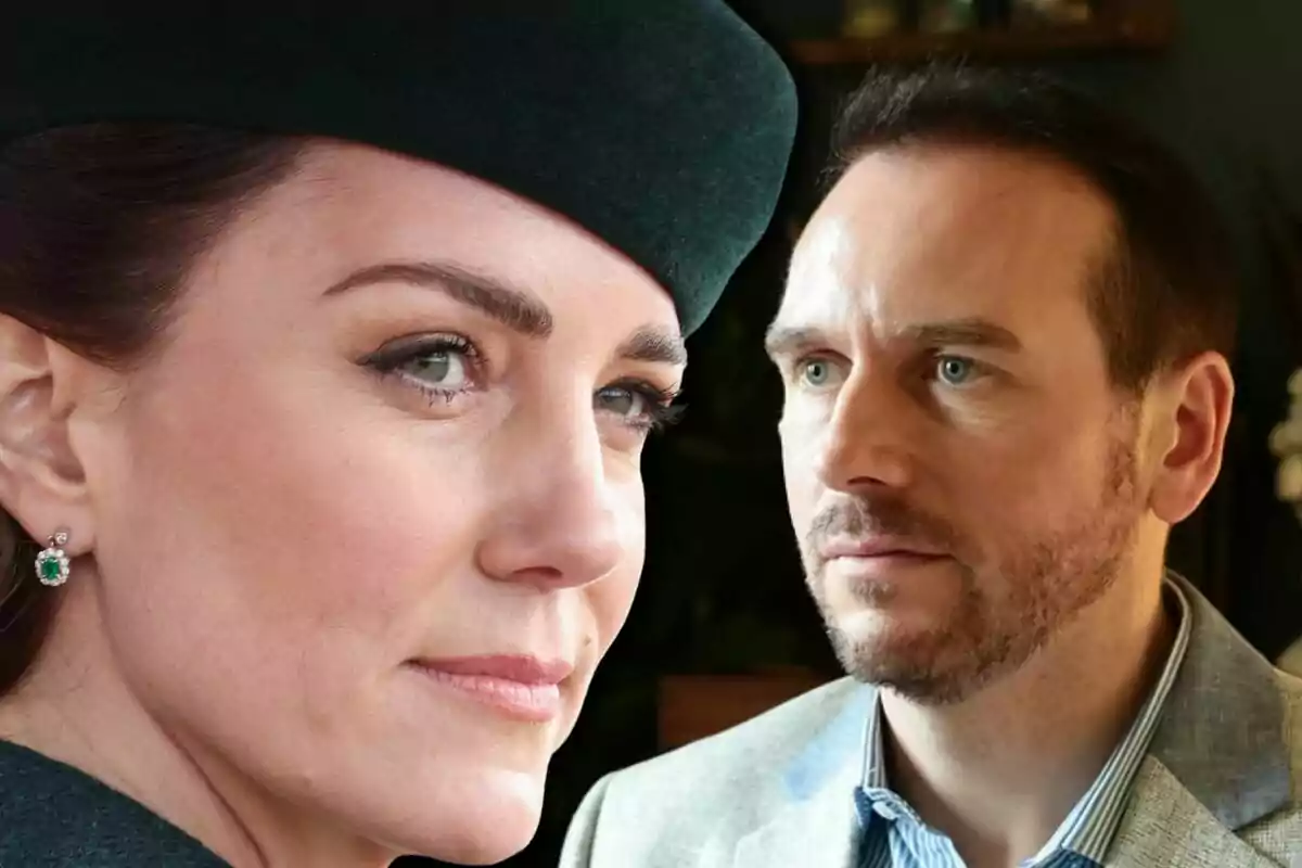 Close-up of Kate Middleton wearing a dark hat and Grant Harrold looking straight ahead, both with serious expressions