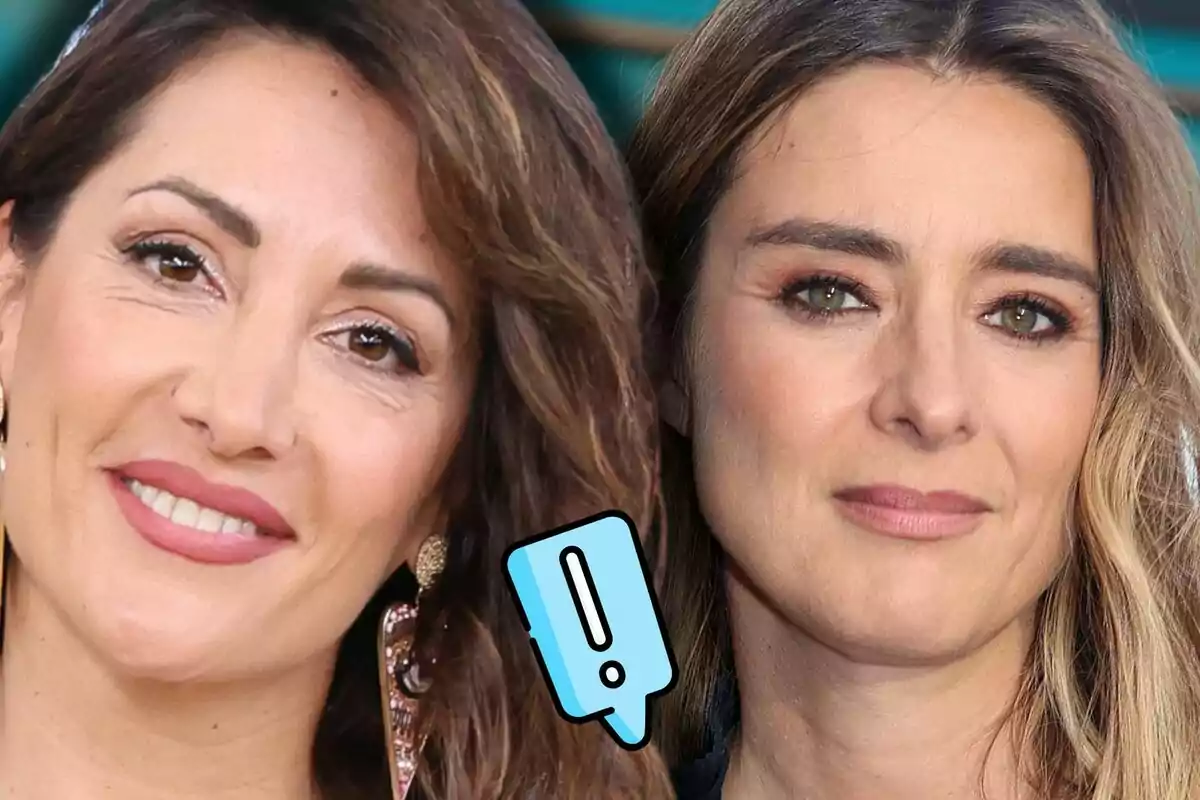 Nagore Robles y Sandra Barneda posan juntas mirando a la cámara con una ilustración de signo de exclamación azul entre ellas