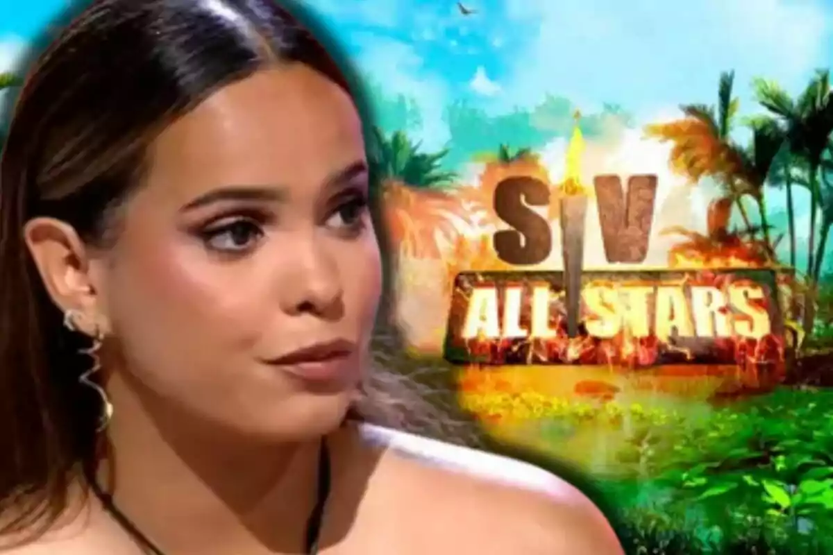 Gloria Camila con expresión seria en primer plano y fondo colorido con el logo de un programa llamado SV All Stars rodeado de palmeras y vegetación