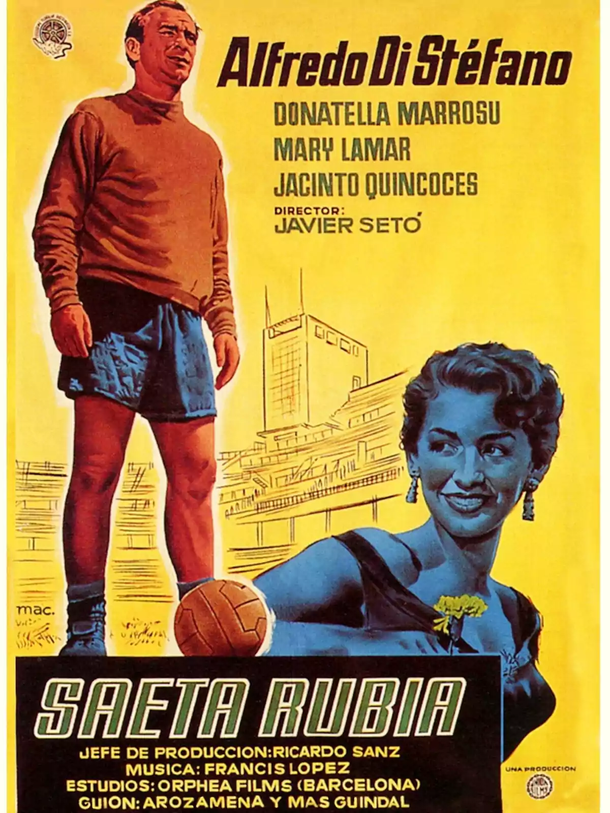 Cartel de la película Saeta Rubia con ilustraciones de un futbolista y una mujer, junto a los nombres de los actores y el director sobre un fondo amarillo Cartel de la película Saeta Rubia con ilustraciones de un futbolista y una mujer, junto a los nombres de los actores y el director sobre un fondo amarillo
