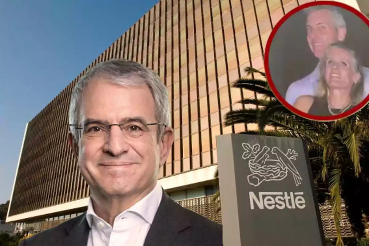 Un hombre de cabello canoso y gafas sonríe frente a un edificio moderno con el logo de Nestlé, mientras en la esquina superior derecha aparece un recuadro con la imagen de una pareja abrazada.