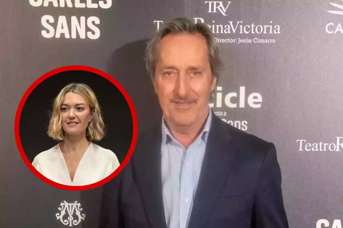 Hombre de cabello canoso y bigote posando en un evento con fondo de logotipos, con un recuadro circular que muestra a una mujer rubia de cabello corto y ondulado vestida de blanco.