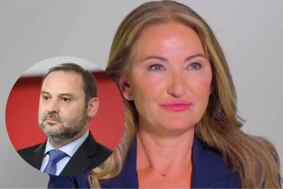 Una mujer de cabello rubio y ojos claros en primer plano con un hombre de traje y corbata en un círculo superpuesto en la esquina izquierda de la imagen Una mujer de cabello rubio y ojos claros en primer plano con un hombre de traje y corbata en un círculo superpuesto en la esquina izquierda de la imagen