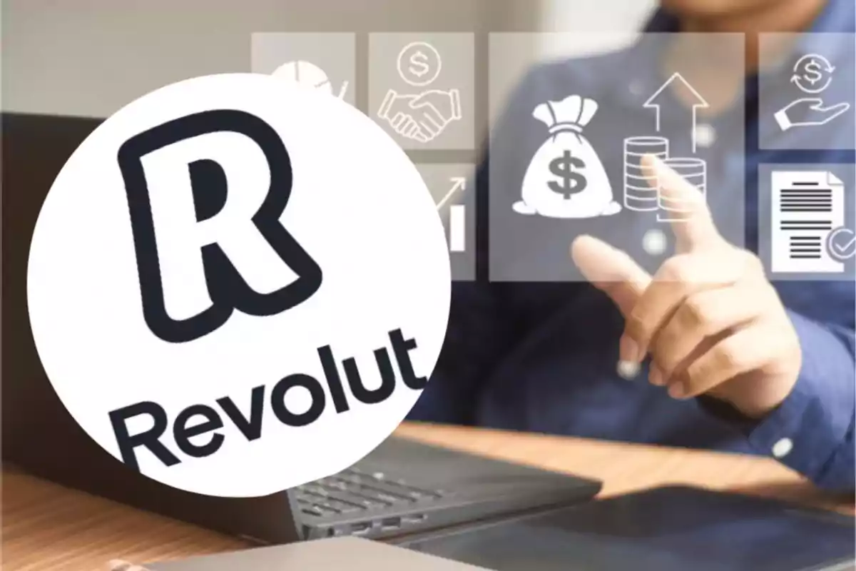 Persona usando una laptop con el logo de Revolut en primer plano y gráficos financieros digitales en el fondo