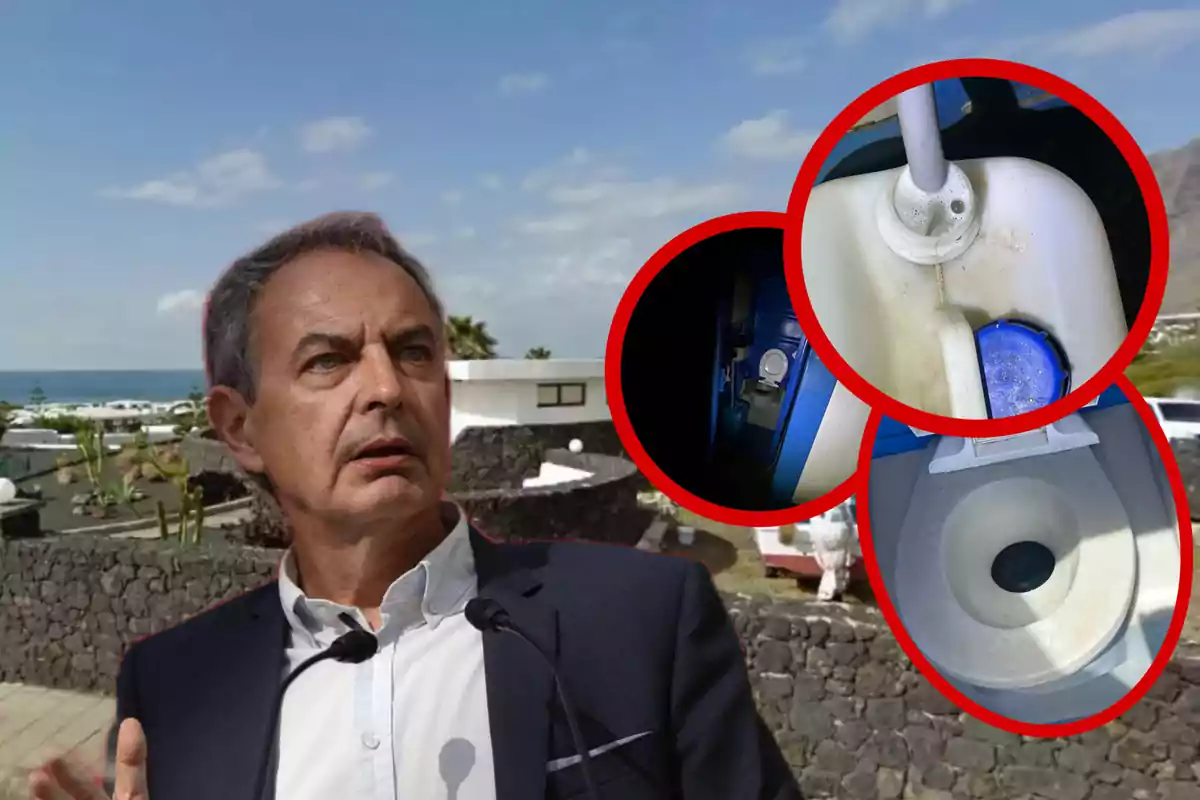 Hombre de cabello canoso con expresión seria al aire libre, al fondo un paisaje con casas y vegetación, en la esquina superior derecha hay tres círculos rojos que muestran imágenes de un baño portátil y su interior