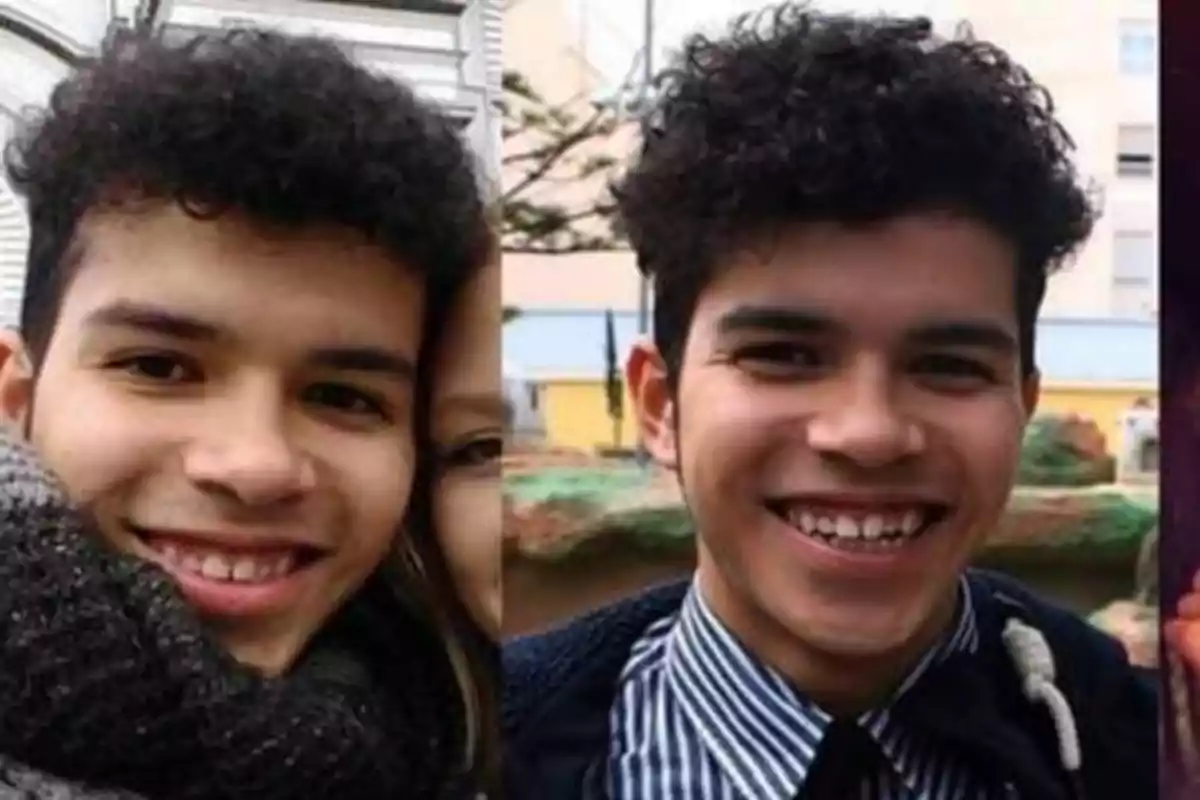 Dos fotos de un joven sonriente con cabello rizado, una con bufanda y otra con camisa de rayas.