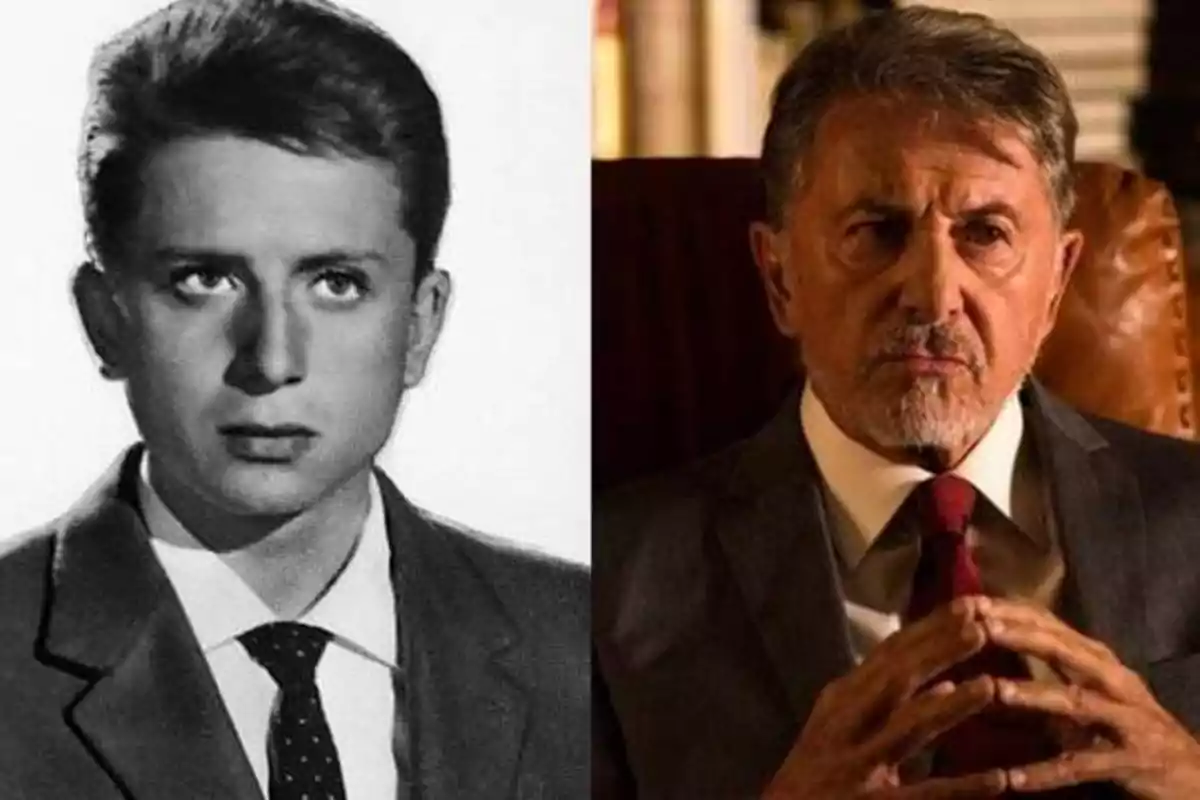 Comparación de un hombre joven en una foto en blanco y negro a la izquierda y el mismo hombre mayor en una foto a color a la derecha.