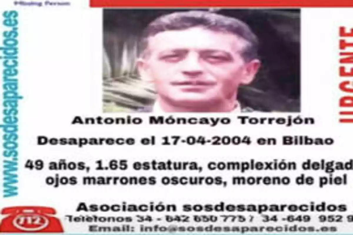 Hombre desaparecido en Bilbao el 17-04-2004, 49 años, 1.65 m de estatura, complexión delgada, ojos marrones oscuros, piel morena, contacto Asociación sosdesaparecidos.