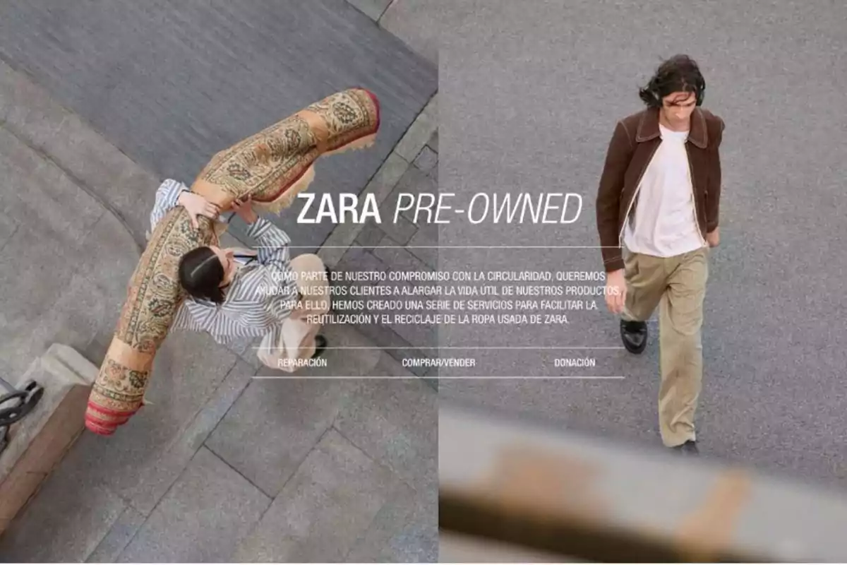 Imagen promocional de Zara Pre-Owned mostrando a una persona cargando una alfombra y a otra caminando, con texto sobre el compromiso de la marca con la circularidad y servicios de reparación, compra/venta y donación.