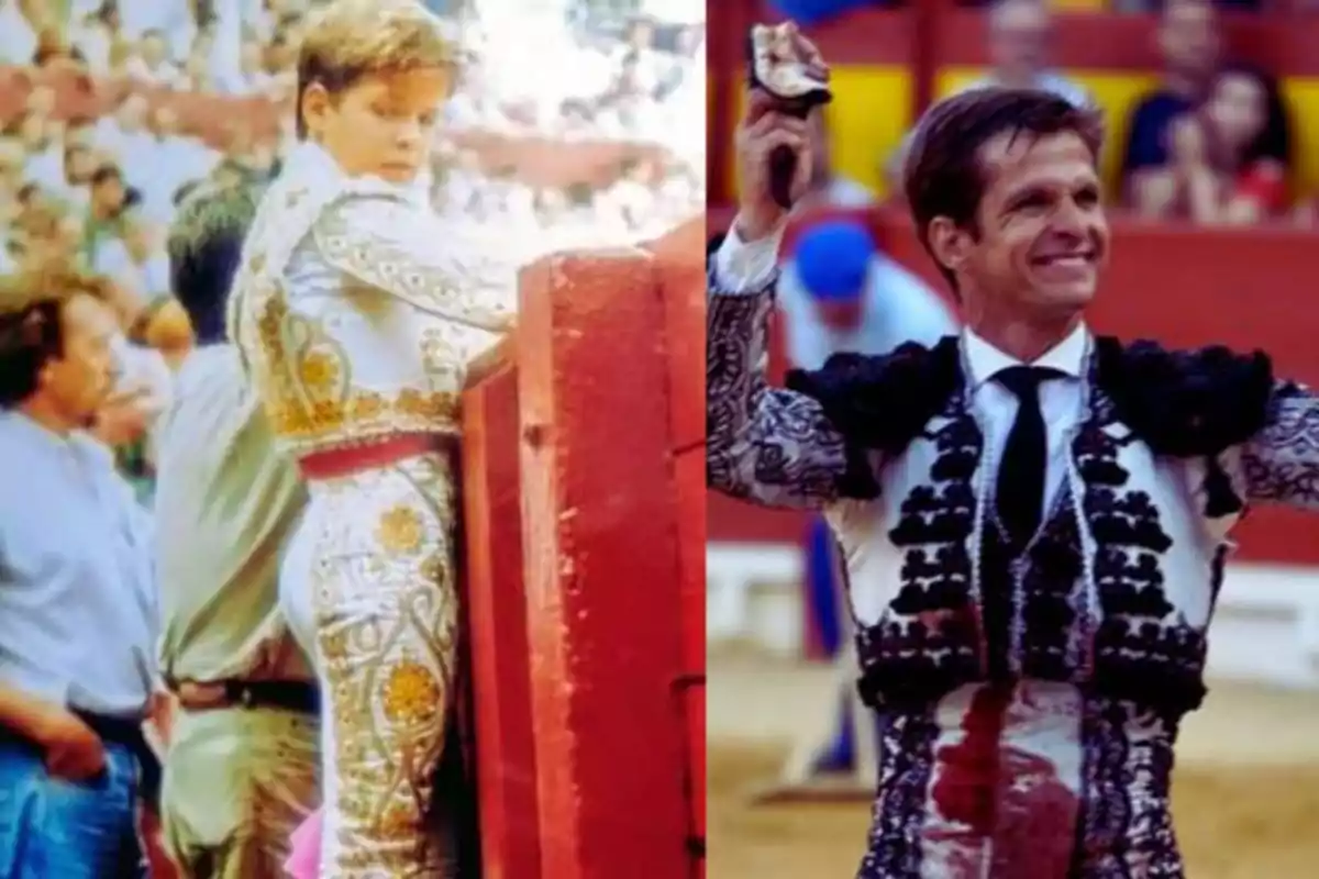 Dos imágenes de un torero, una de su juventud y otra de su adultez, ambas en la plaza de toros.