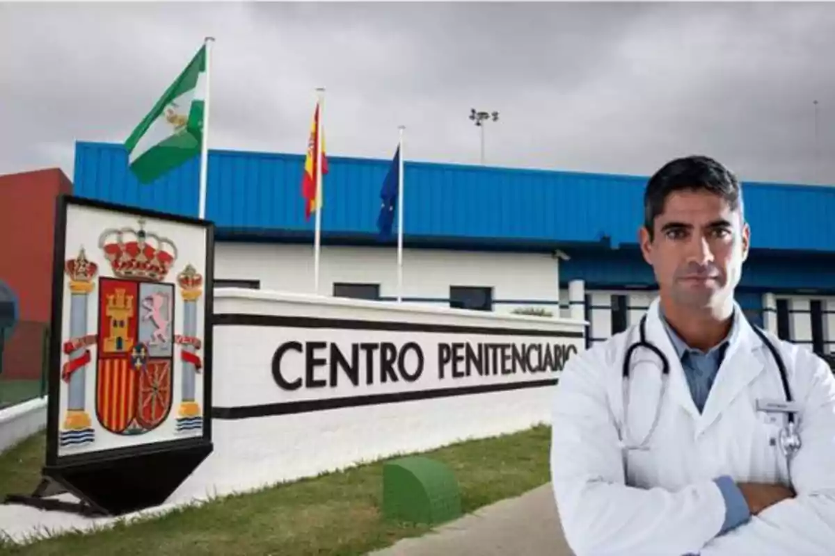 Un médico con bata blanca y estetoscopio está de pie frente a un centro penitenciario con banderas y un escudo de España.