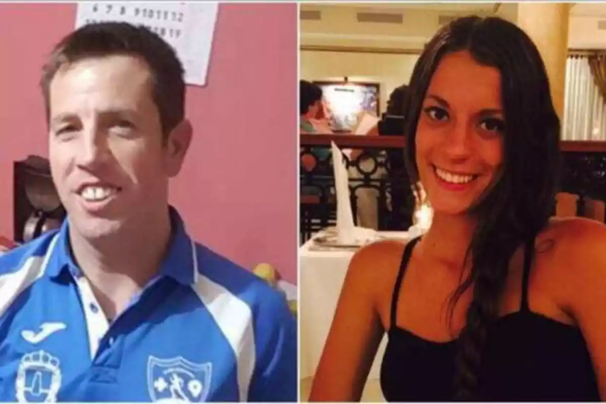 Dos personas sonrientes, un hombre con camiseta azul y una mujer con vestido negro, en diferentes entornos interiores.