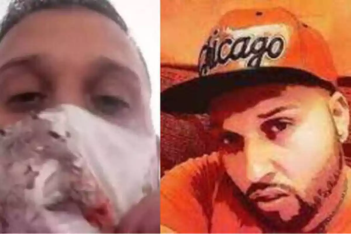 Dos hombres, uno con una mascarilla y otro con una gorra de Chicago.