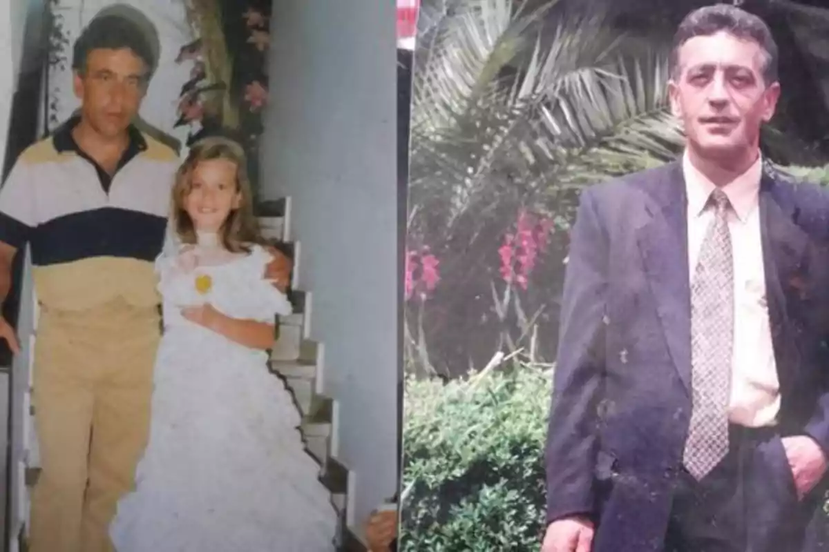 Dos fotos familiares, una muestra a un hombre con una niña en un vestido blanco, y la otra a un hombre de traje posando en un jardín.