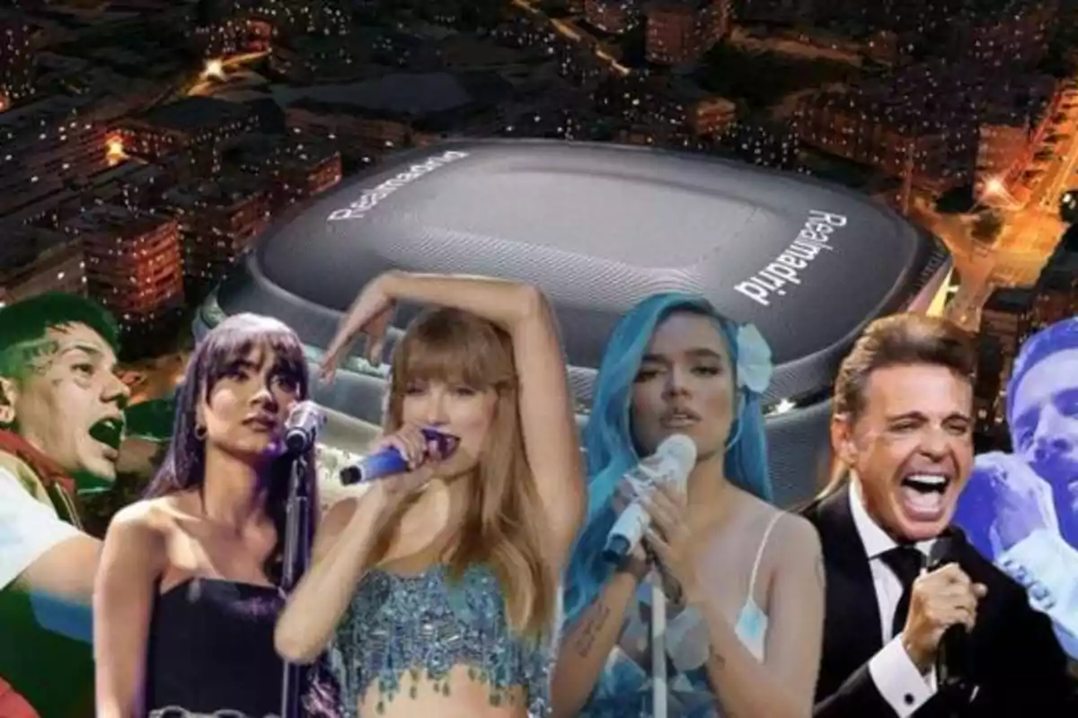 Imagen de varios cantantes frente a un estadio iluminado por la noche.