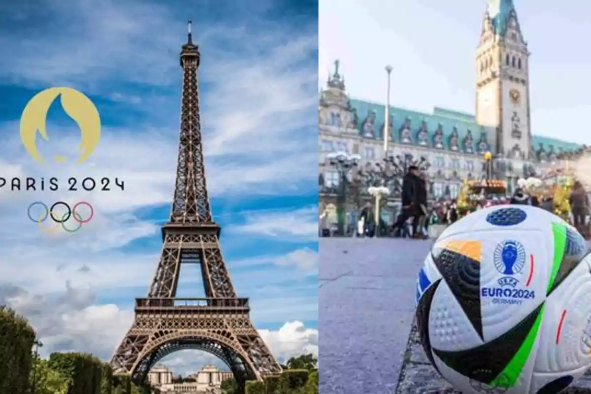 Imagen de los JJOO a la izq., con la Torre Eiffel y el balón de la Eurocopa en una plaza a la derecha.