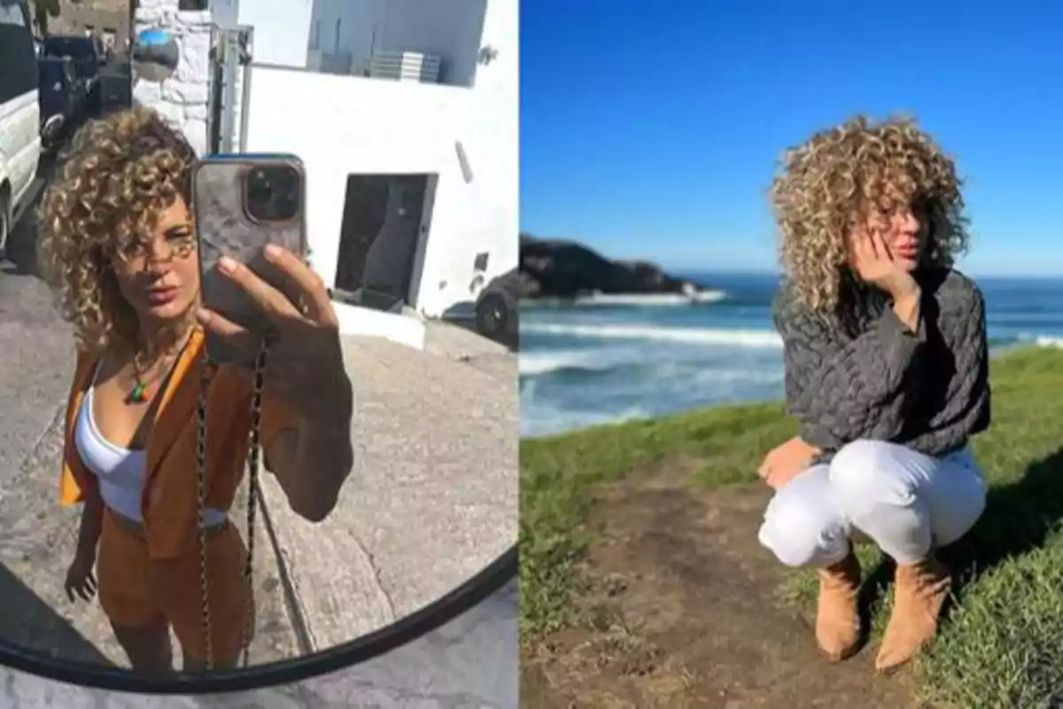 Dos imágenes de una mujer con cabello rizado, en la primera se toma una selfie con un conjunto naranja y gafas de sol, en la segunda está agachada en un entorno natural con el mar de fondo, usando un suéter gris y pantalones blancos.