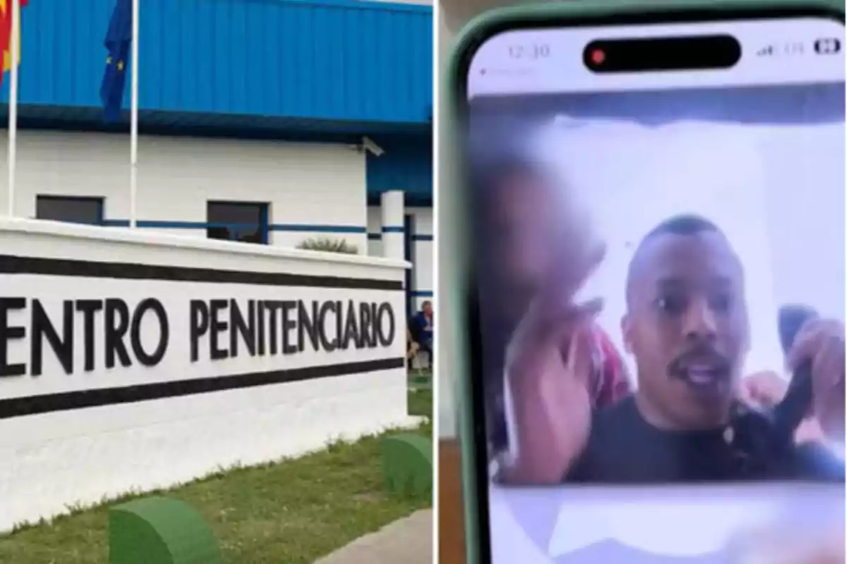 a la izquierda, la fachada de un centro penitenciario con un cartel que dice 'Centro Penitenciario'; a la derecha, la pantalla de un teléfono móvil mostrando a una persona en una videollamada."