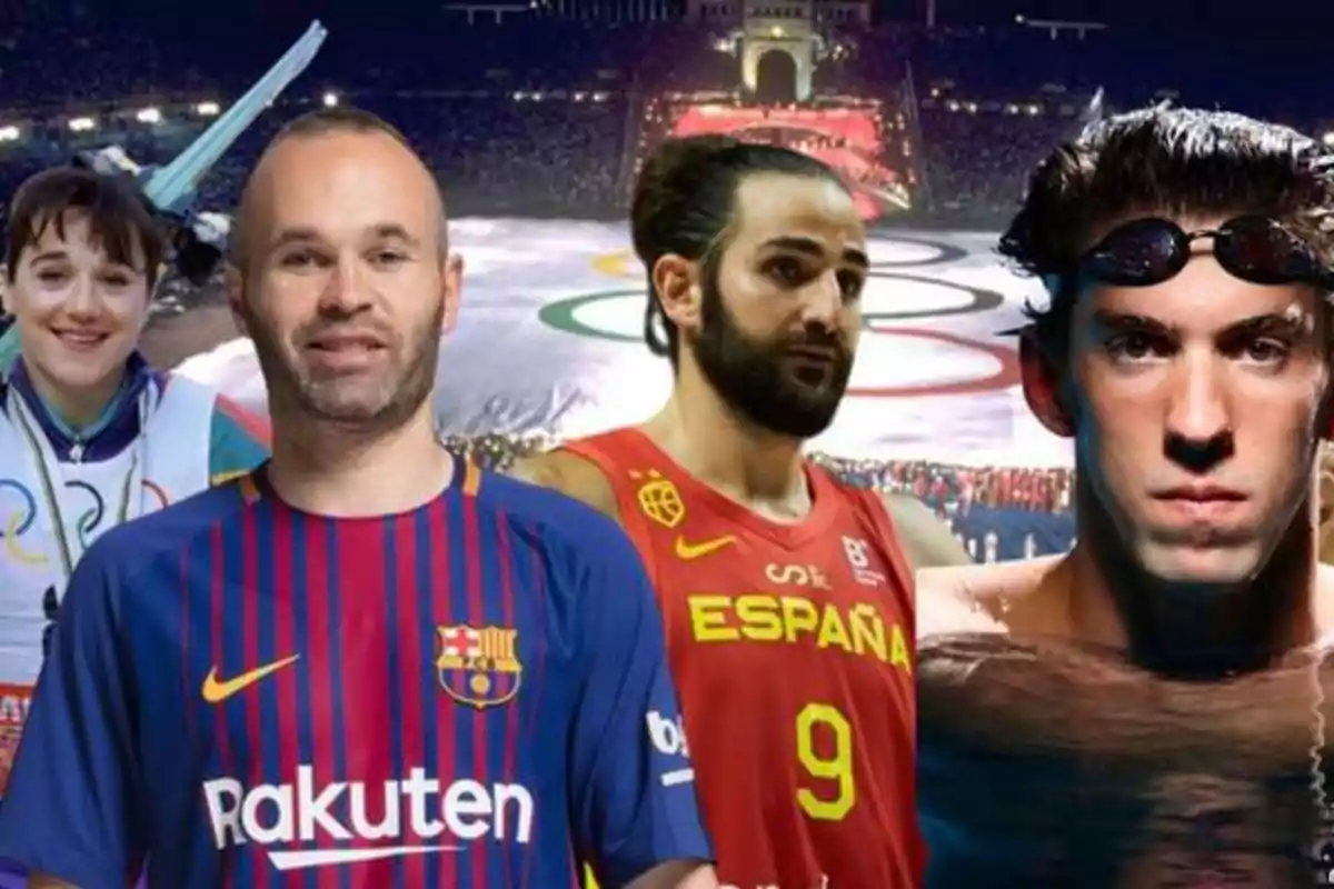 Cuatro deportistas destacados de diferentes disciplinas posan frente a un estadio olímpico iluminado.