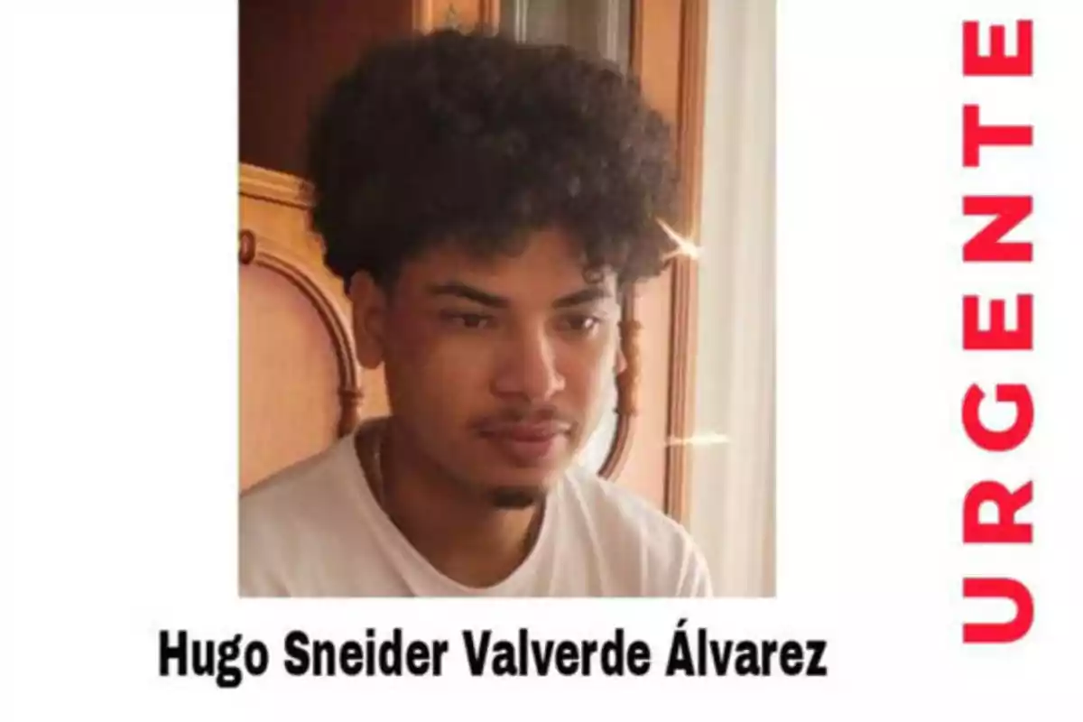 Joven con cabello rizado y expresión seria, con el texto "URGENTE" en rojo a la derecha y el nombre "Hugo Sneider Valverde Álvarez" en la parte inferior.